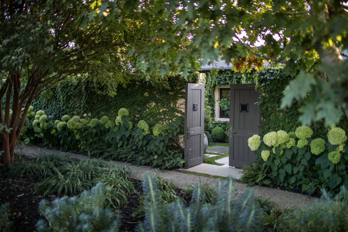 Mature Napa Valley estate garden with specimen trees, roses, and hydrangea plantings framing a doorway.