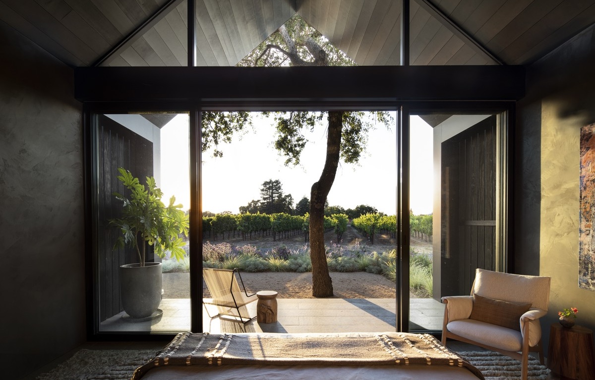 McKinley_06_Vineyard-1 Vineyard view through expansive windows and outdoor living space in Napa Valley landscape design.