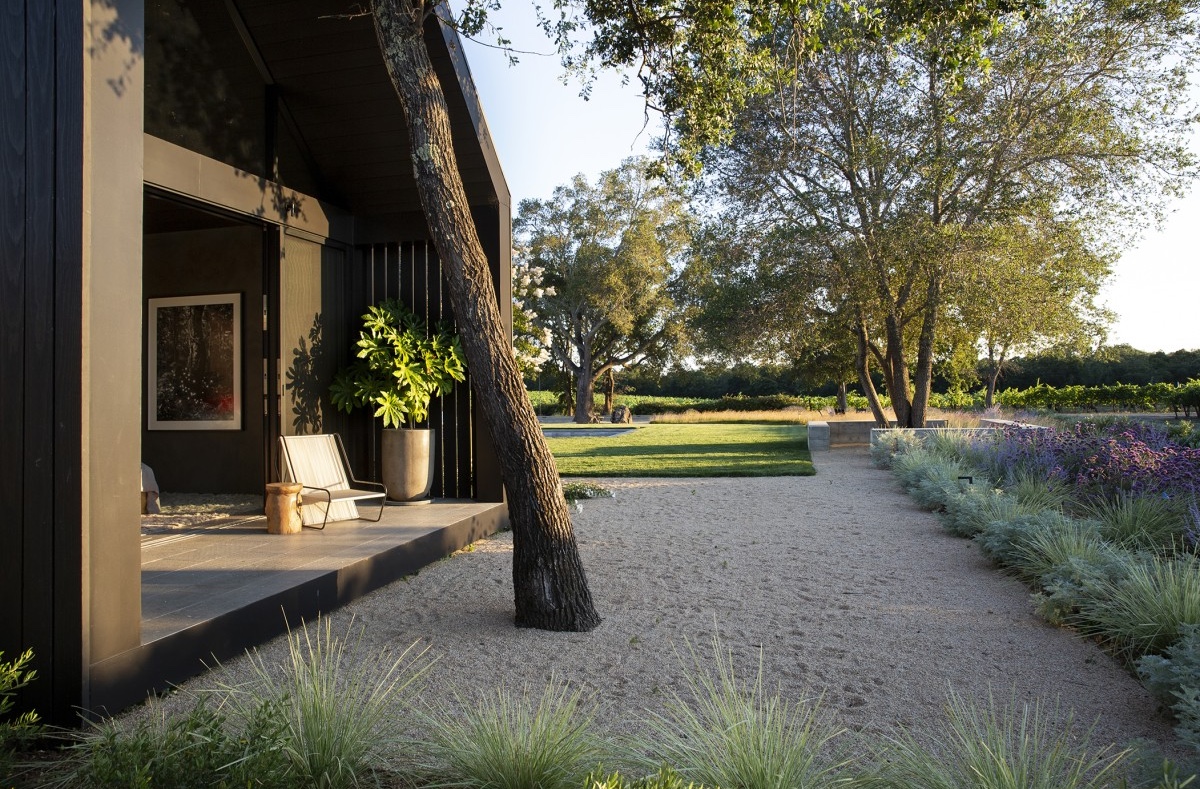 McKinley_07_Sand Sustainable Napa Valley landscape design with stone walkways and lush plantings.