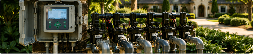 Irrigation control system and zone map in a Napa Valley estate garden.